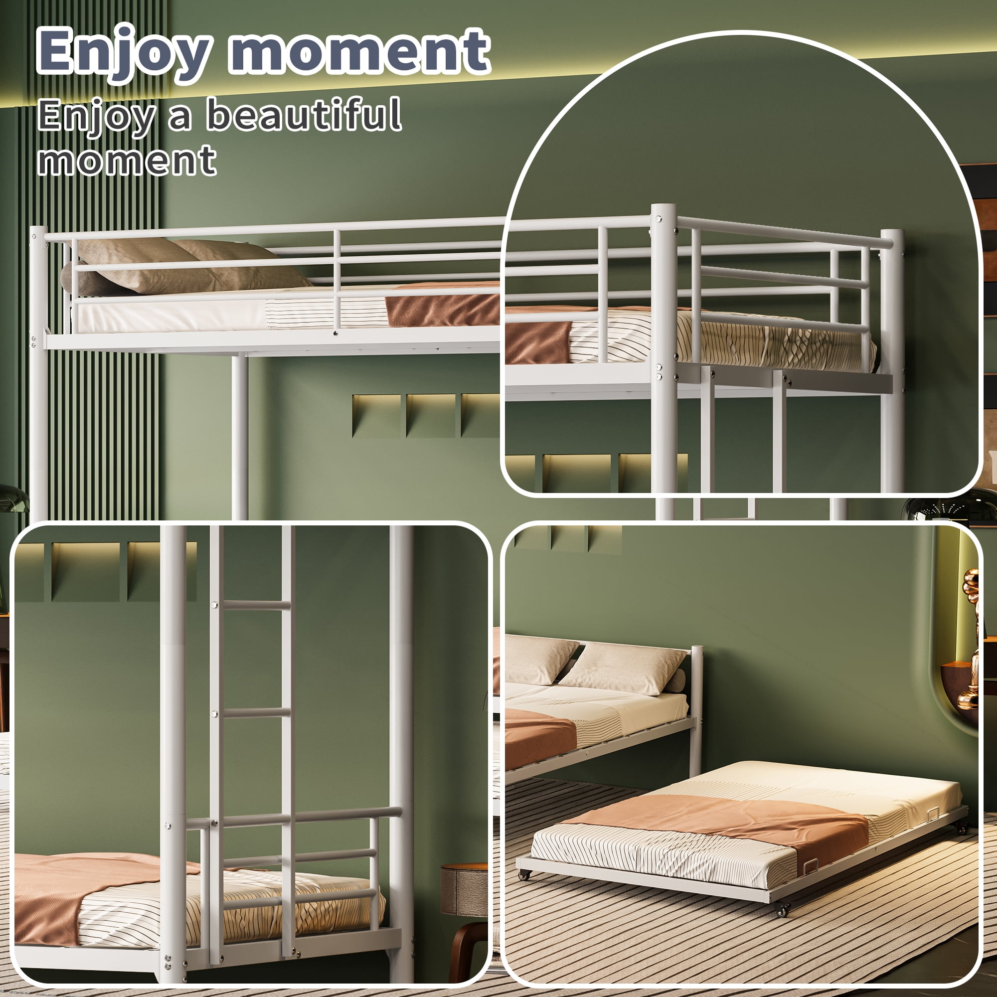 Miniyam Twin Over Twin Metal Bunk Bed with Trundle, Heavy-Duty Steel Frame, Space-Saving Design with Guardrails and Ladder, White