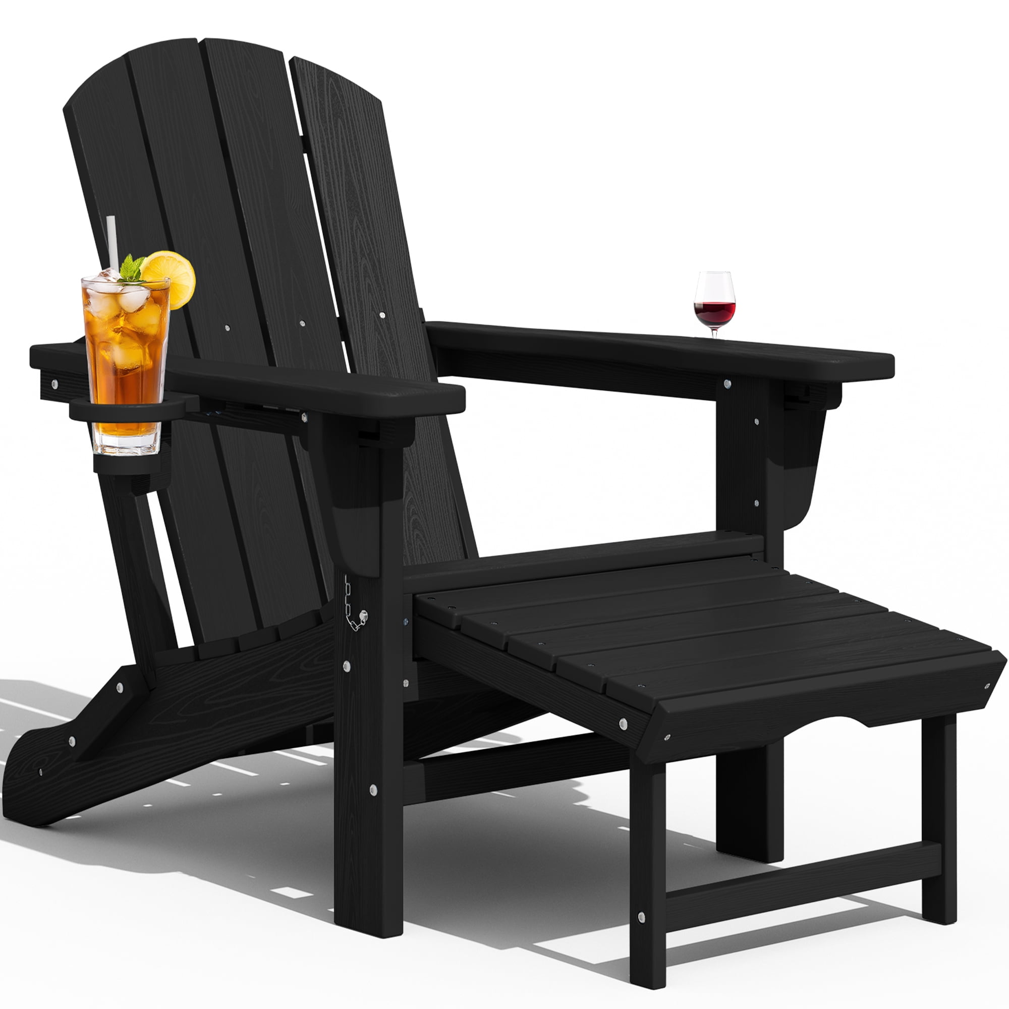 KINGYES Folding Adjustable Adirondack Chair with Retractable Ottoman & 2 Cup Holders for Patio Garden, Black