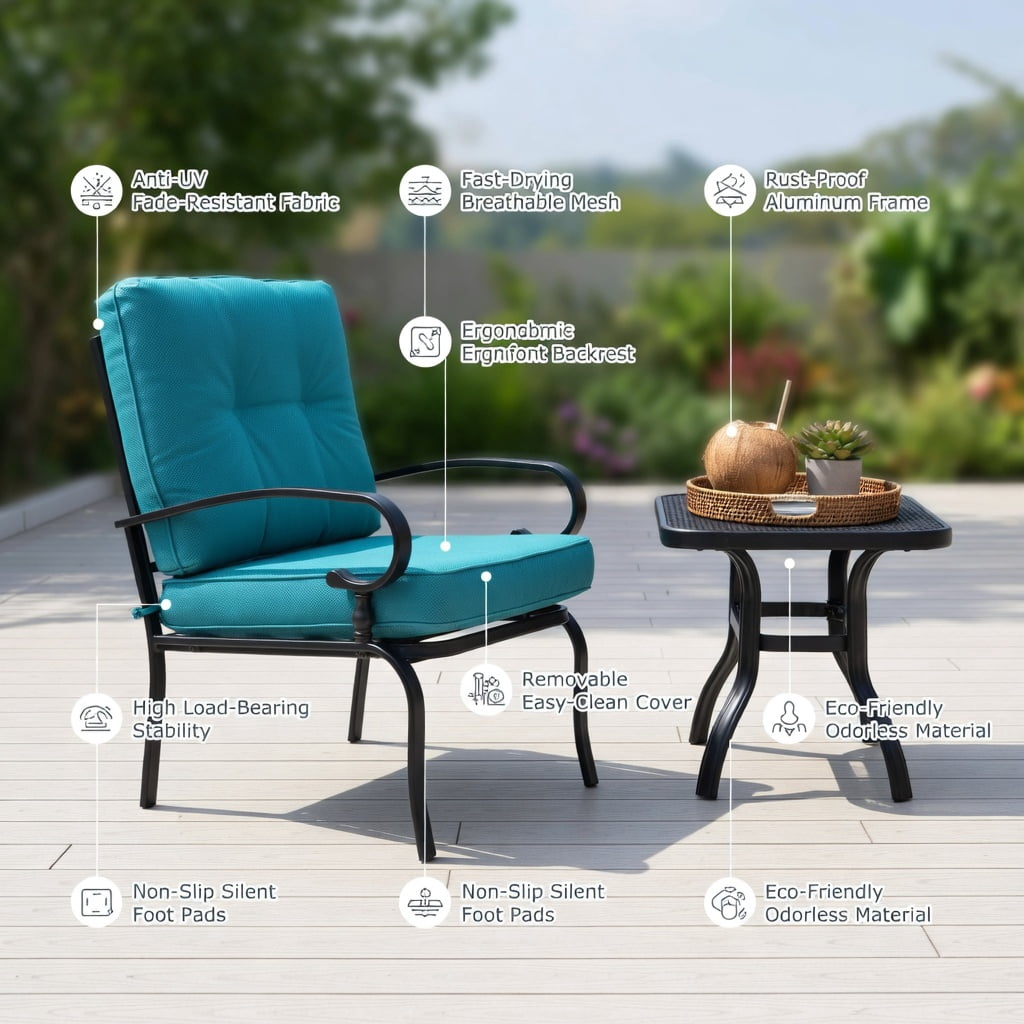 Hommoo 3-Piece Outdoor Rattan Rocking Chair Set with Tempered Glass Table, PE Wicker Patio Furniture for Backyard, Poolside, and Deck, Brown