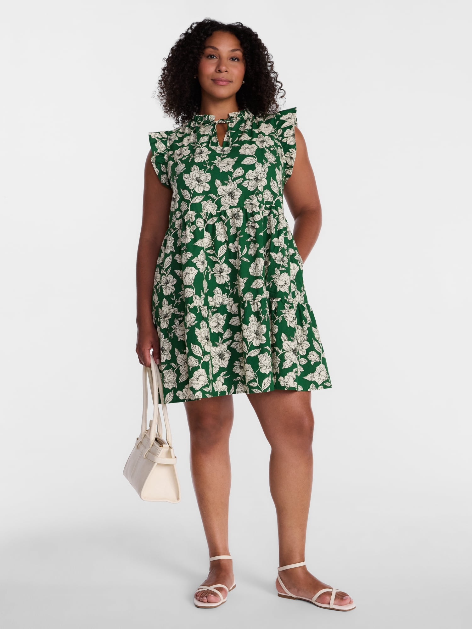 Time and Tru Women's and Women's Plus Cotton Mini Dress with Flutter Sleeves, Sizes XS-4X