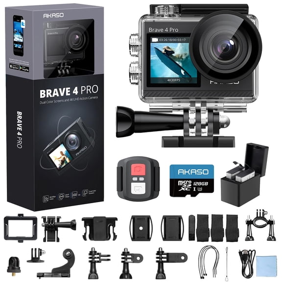 Akaso Brave 4 Pro 4K30 Cámara De Acción Con Tarjeta Microsd U3 De 128 Gb Cámara Impermeable Subacuática De 131 Pies Control Remoto Con Pantalla Táctil Eis Con 2 Baterías De 1350 Mah Y Kit De Accesorio
