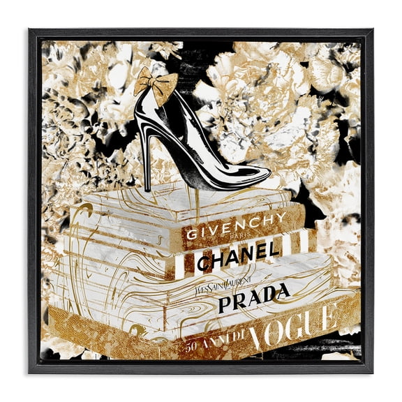 Stupell Industries Contemporary Black Heels on Golden Books Black Floating Frame Canvas Art, 18 x 18, by Ziwei Li