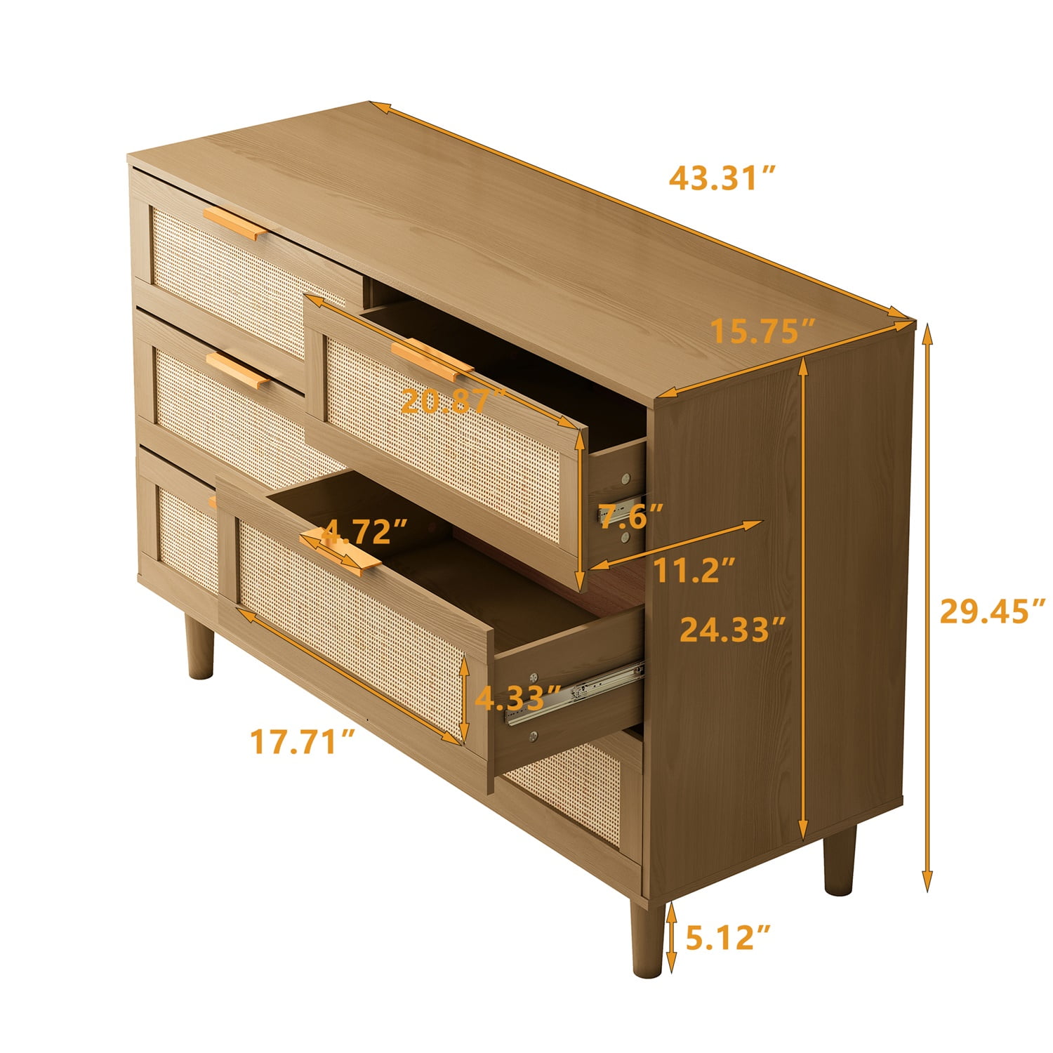 Kadyn Chest of Drawers, 6 Drawers Rattan Dresser for Bedroom with Gold Handle, Oak Nursery Dresser Kadyn Chest of Drawers, 6 Drawers Rattan Dresser for Bedroom with Gold Handle, Oak Nursery Dresser
