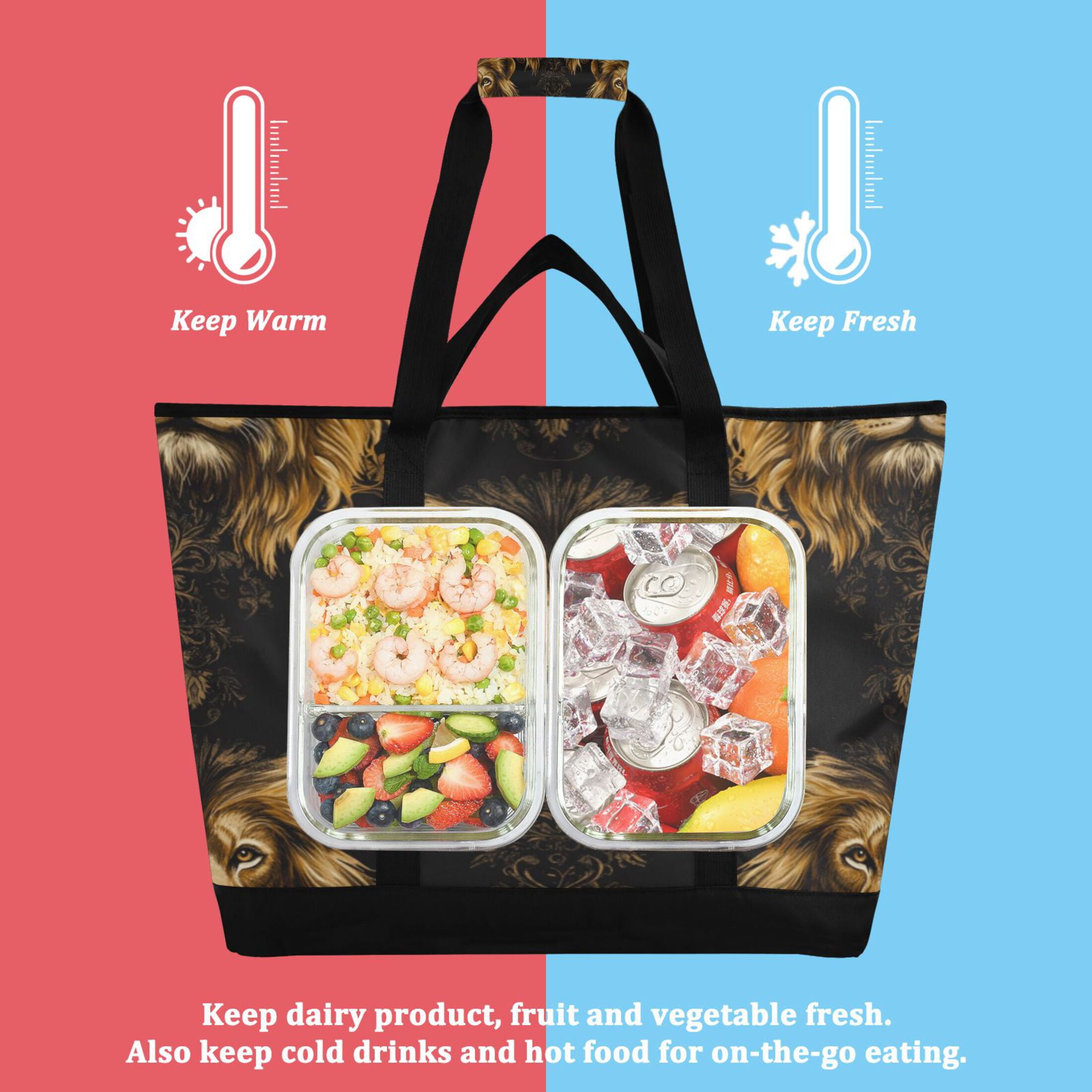 Large Hand-held Ice Pack Picnic Bag Insulation and Refrigeration Suitable for Shopping Picnics and Camping Fierce Lion