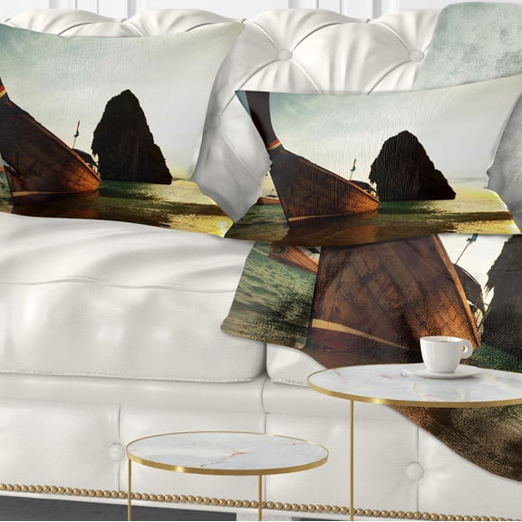 Designart Tropical Beach with Huge Boat - Seashore Throw Pillow - 12x20