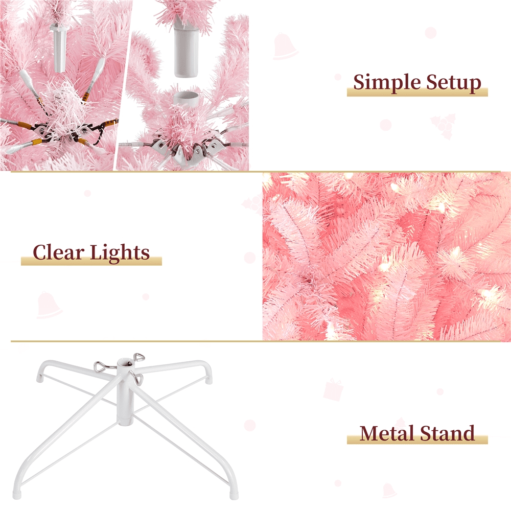 Alden Design 7.5Ft Pre-lit Artificial Christmas Tree with Foldable Stand, Pink