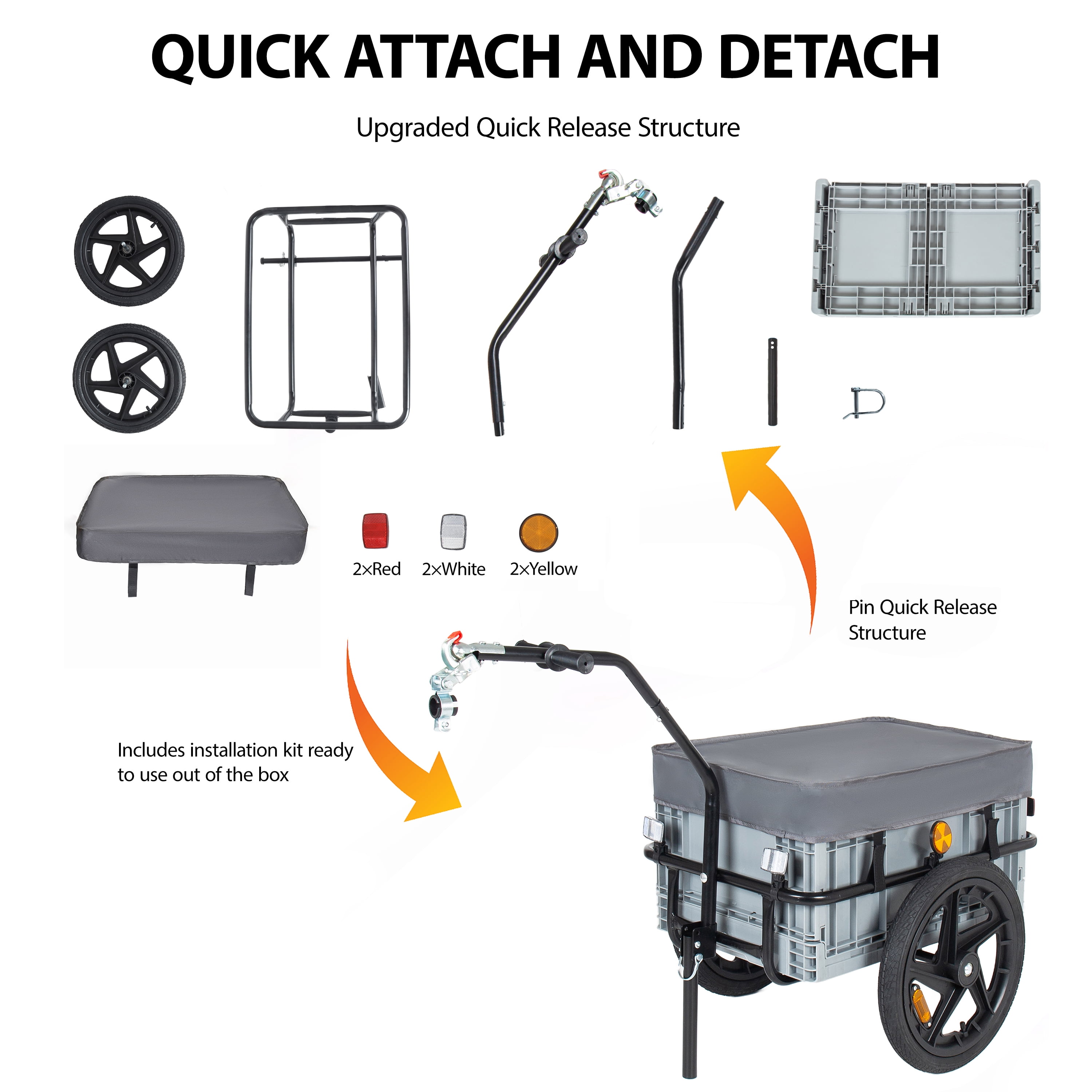 2 in 1 Bike Cargo Trailer with Foldable Storage Box, Removable & Waterproof Cover, Bicycle Trailer w/Quick Release 16" Wheels, 70L Large Capacity, Black+Gray
