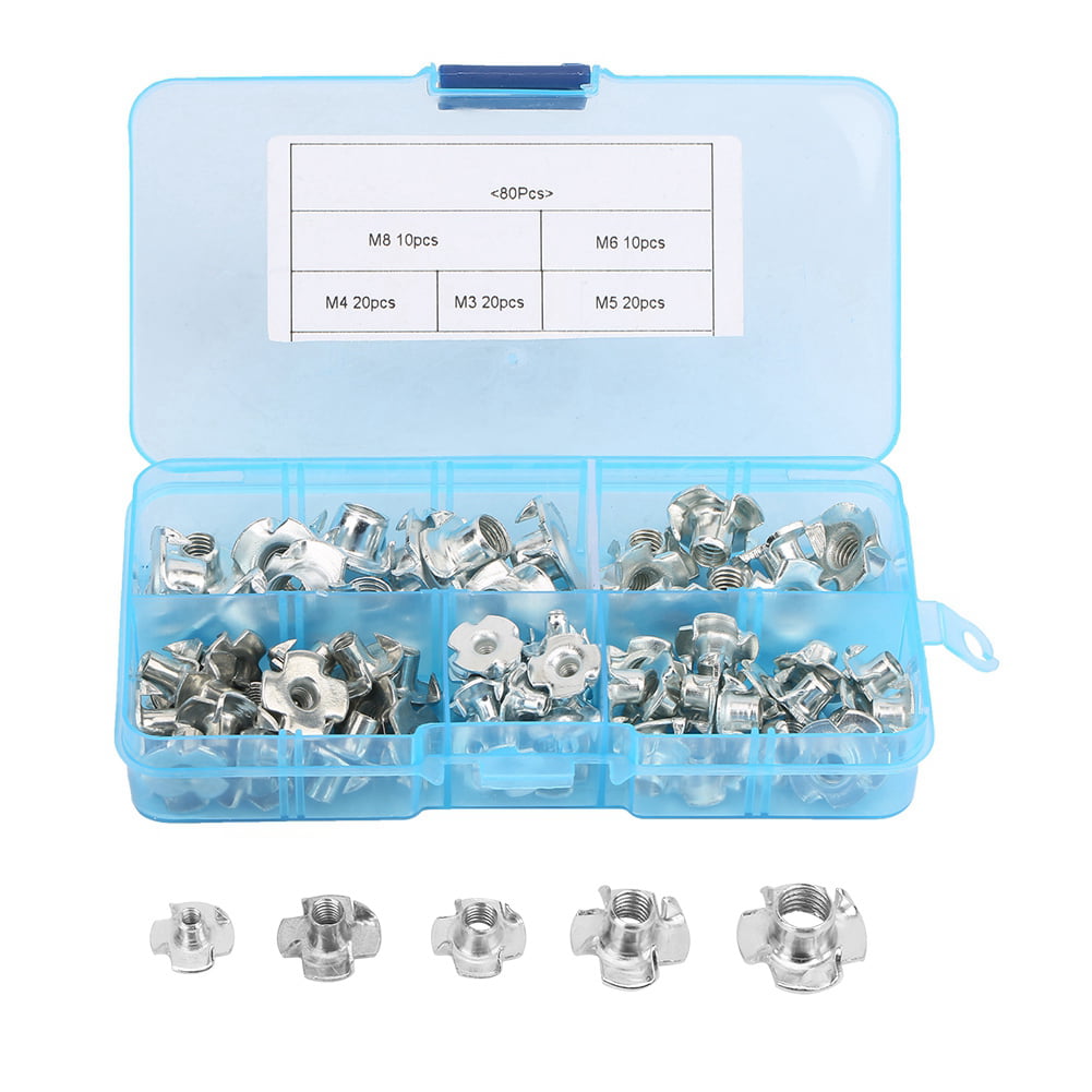 80Pcs Carbon Steel T Nut Assortment Kit Four-Pronged M3/4/5/6/8 Tee Nuts for Woodworking Furniture