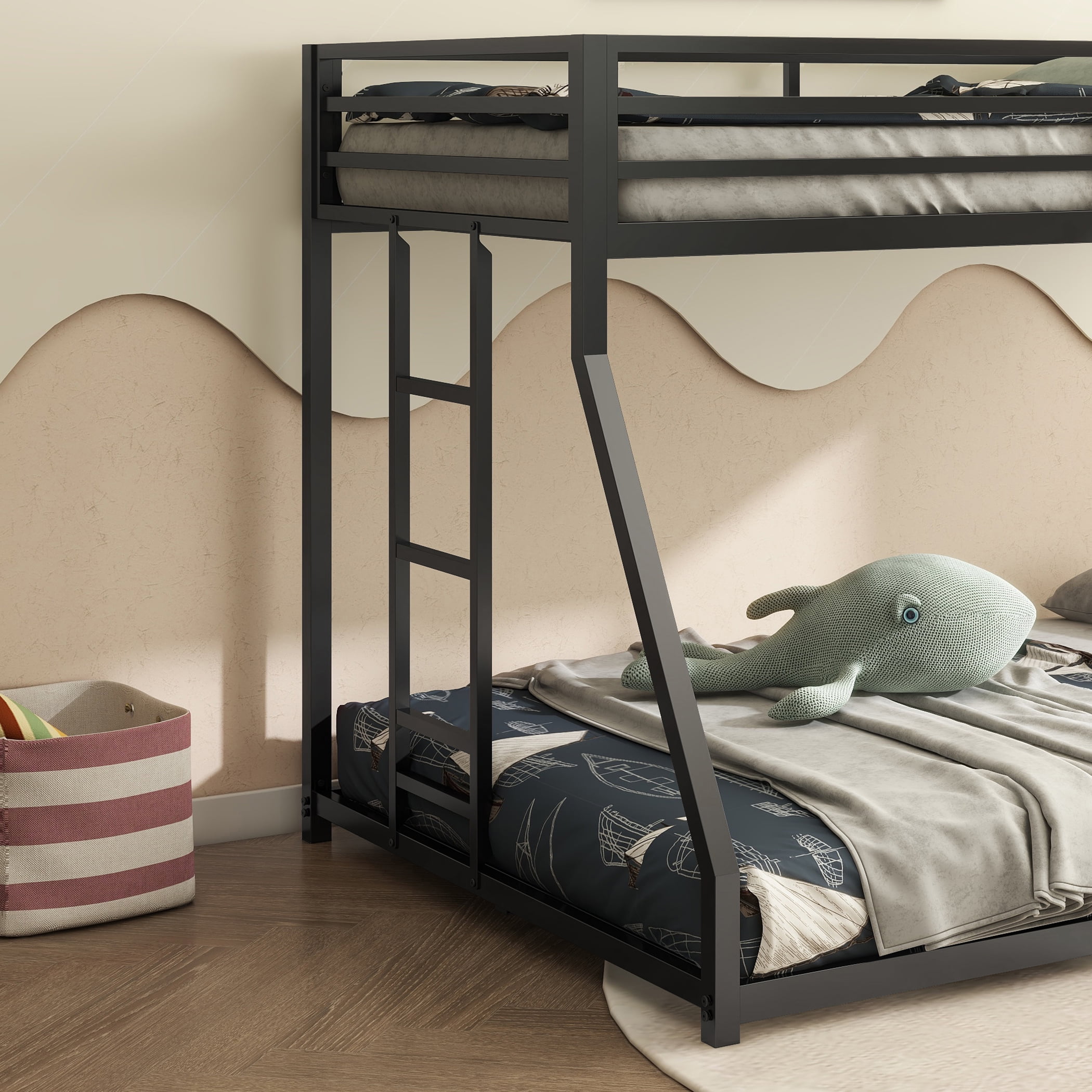 Adam Sturdy Twin over Full Bunk Bed Metal Black for Kids and Adult, Low Profile Twin over Full Bunk Bed with Ladder and Guardrails, Easy Climbing, Beds for Bedroom