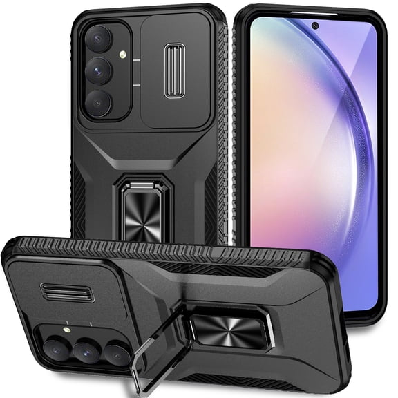 Dteck for Samsung Galaxy A26 5G Case with Slide Camera Lens Cover Finger Ring Holder Kickstand,Heavy Duty Shockproof Rugged Protective Phone Cover for Samsung A26 5G 2025,Black