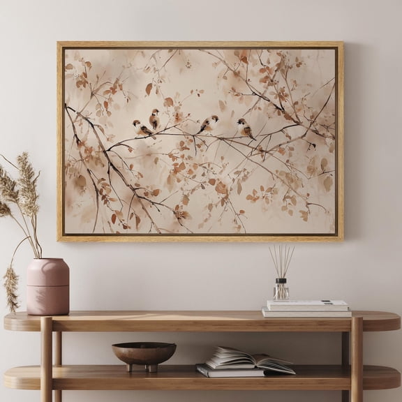 Minimalist Bird Wall Art - Watercolor Beige Brown Branch & Leaves Canvas Print, Scandinavian Nature Decor for Living Room or Study, 32x48 UNFRAMED