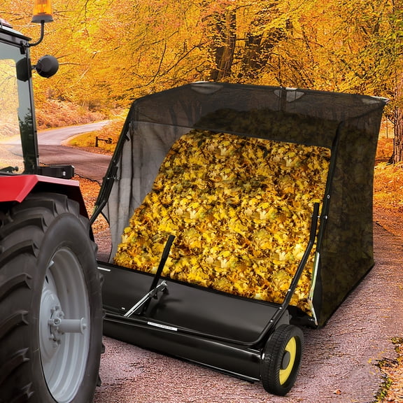 52" Tow-Behind Lawn Sweeper, 27 cu. ft Hopper Bag Capacity; Leaf & Grass Catcher, with Adjustable Brush Height and Dump From Seat Handle for Picking Up Debris and Grass