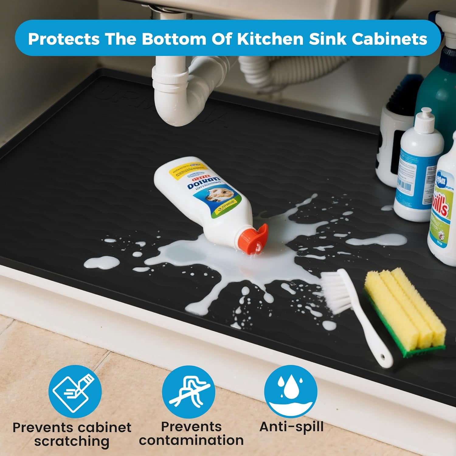 22'' x 22'' Waterproof Silicone Under Sink Mat Cabinet and Counter Protector, Shelf Liner for Kitchen and Bathroom, Storage and Organizers, Litter Mat, Pet Cat Puppy Essentials（Black）