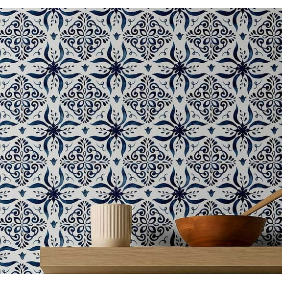 S4sassy Removable Vintage Style Waterproof Wall Wrap, Finish Mosaic Tile Wallcover, Floral Tile Contact Paper for Backsplash, Kitchen, Self Adhesive Vinyl Wallpaper Roll - Blue - 25"x120"