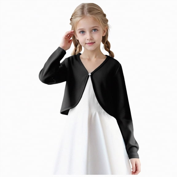 Xyant Girls Open Front Shrug Cardigan Kids Children Knit Long Sleeve Girls Bolero with Button Closure (Black,11-12 Years)