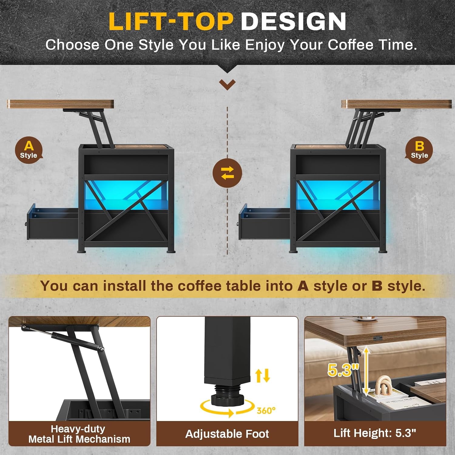 40" Lift Top Coffee Table, 4 in 1 Multifunctional Coffee Tables with Storage for Living Room, Small Coffee Table with 2 Drawers & LED Light for Dining Room, Black & Brown