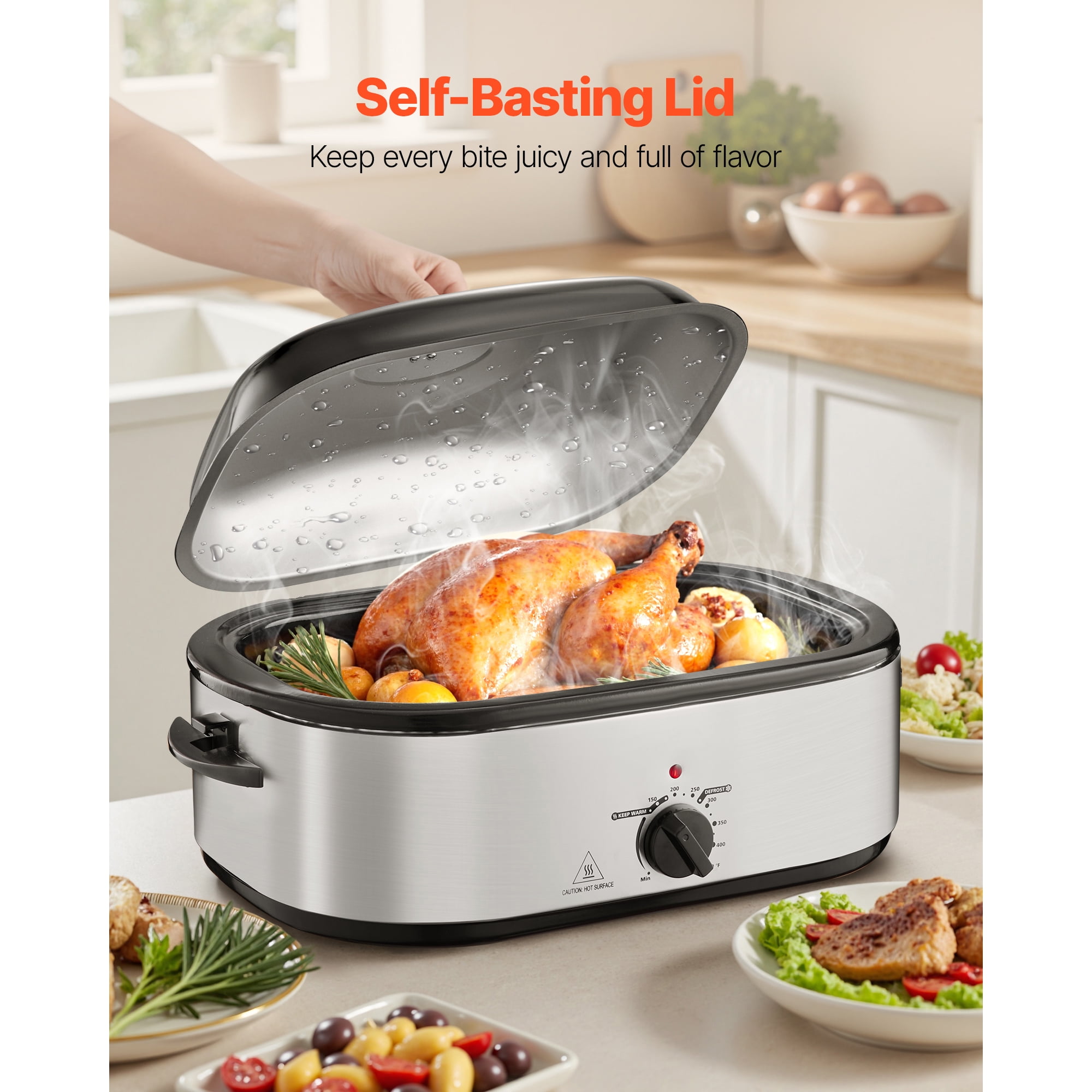 KFFKFF 20QT Electric Roaster Oven, Adjustable Temperature 150-450℉, Quick-Cooking Turkey Roaster with Self-Basting Lid, Defrost and Warm Functions, Ideal for Home Use, Accommodates 24lb Turkey