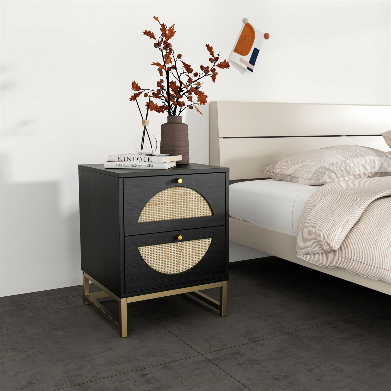 YYAo 1Pcs Nightstand, Bedside Table with 2 Natural Rattan Drawer & Metal Legs, Nightstand Side Table for Bedroom, Black YYAo 1Pcs Nightstand, Bedside Table with 2 Natural Rattan Drawer & Metal Legs, Nightstand Side Table for Bedroom, Black