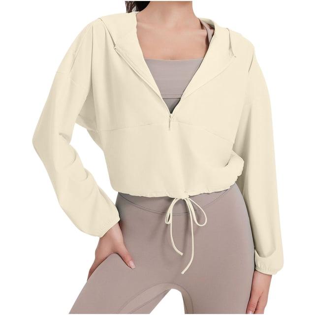 Timegard Workout Tops for Women Half Zipper Cropped Sun Hoodies Fall Casual Drawstring Running Tops