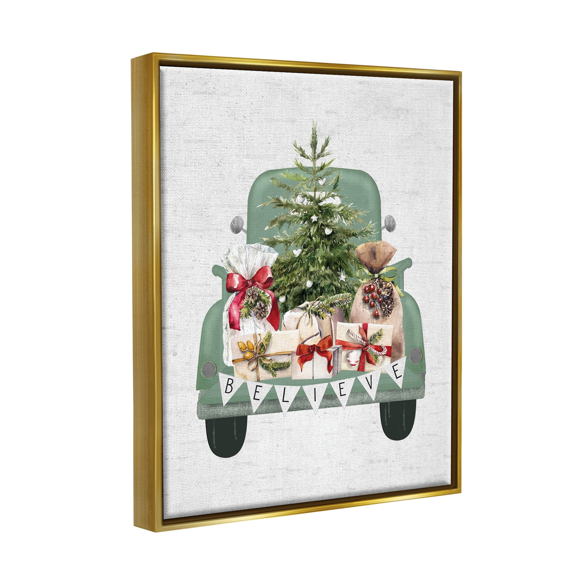 Stupell Industries Christmas Gift Pickup Holiday Painting Gold Floater Framed Canvas Art Print Wall Art, 17 x 21