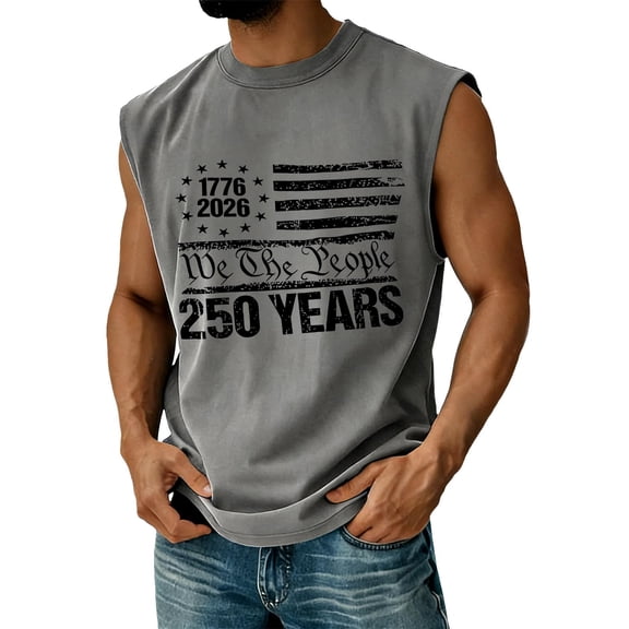 4th of July Tank Tops for Men Casual Crew Neck Red White and Blue Print Shirts Sleeveless Independence Day Celebration Party USA 250th Anniversary Patriotic Tees, L