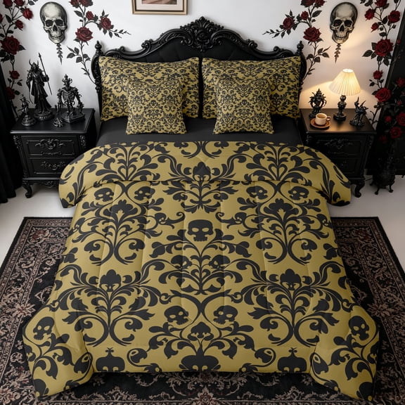 Homewish Antique Damask Skull Queen Bedding, Taupe Classic Floral Gothic Bedding Comforter Set Queen, Black Reversible, 7 Pieces