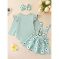 thumbnail image 3 of Liacowi 3pcs Baby Girls Birthday Outfits Set Long Sleeve Ruffle Letter Print Romper Tops + Daisy Print Suspender Skirt + Headband Set, 3 of 9