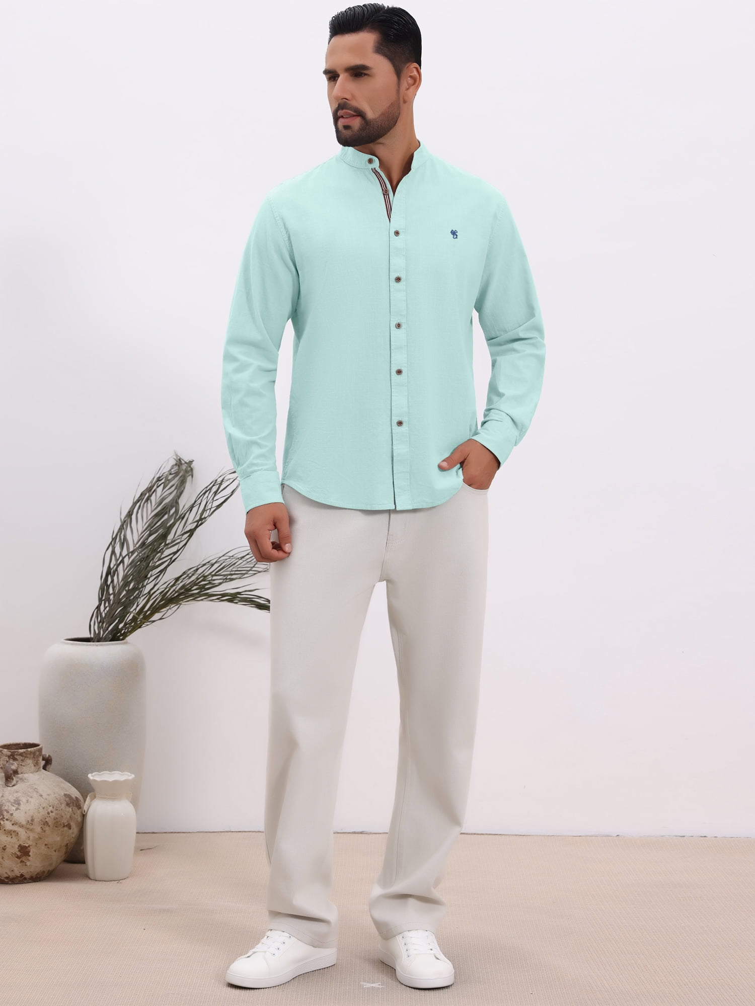 DARING DIVA Men's Stand Collar Long Sleeves Button Down Linen Shirts 2XL Light Green