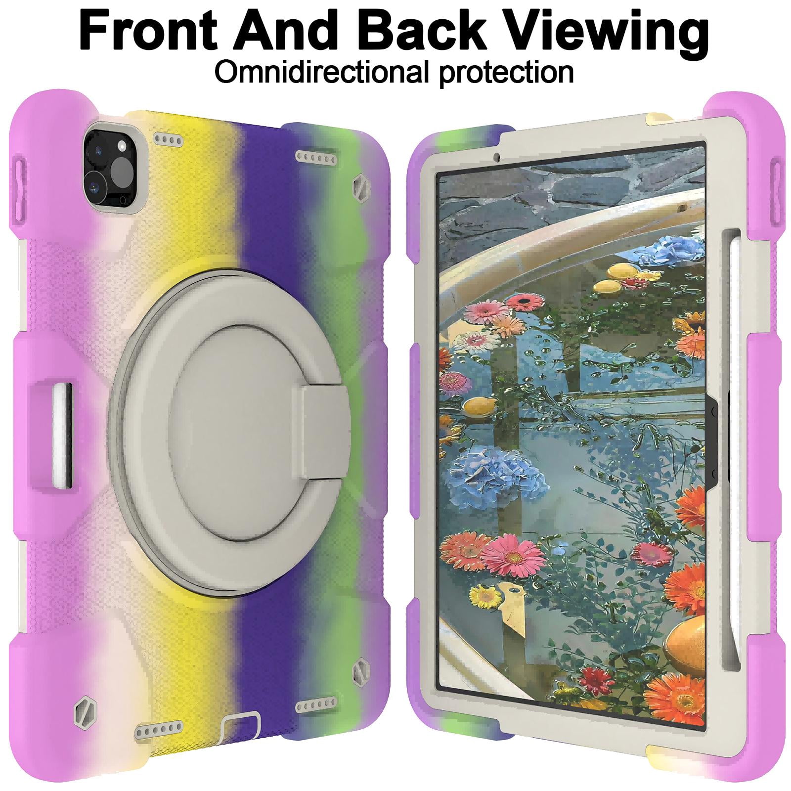 ELEHOLD Military Grade Shockproof Case For Apple iPad Air 11 (2024), Heavy Duty Protection Ring Stand Cover, Adjustable Angel, Detachable Shoulder Strap, Pencil Holder, Colorful Purple