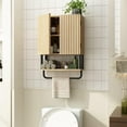 thumbnail image 5 of Farmhouse Bathroom Wall Cabinet with 2 Door, 3-Tier Curved Profile Wooden Medicine Cabinet, Wall Mounted Storage Cabinet with Adjustable Shelf and Towel Bar (Natural, Small), 5 of 9
