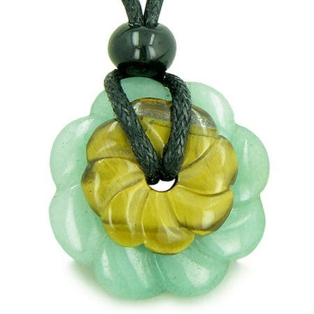 - Amulet Flowers Donuts Green Quartz Tiger Eye Pendant Necklace