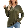 thumbnail image 1 of Camiseta de manga larga con cuello en V para mujer, suave, transpirable, color puro, dobladillo suelto, blusas casuales, tops de moda para viajes, trabajo, OD verde XL, 1 of 6