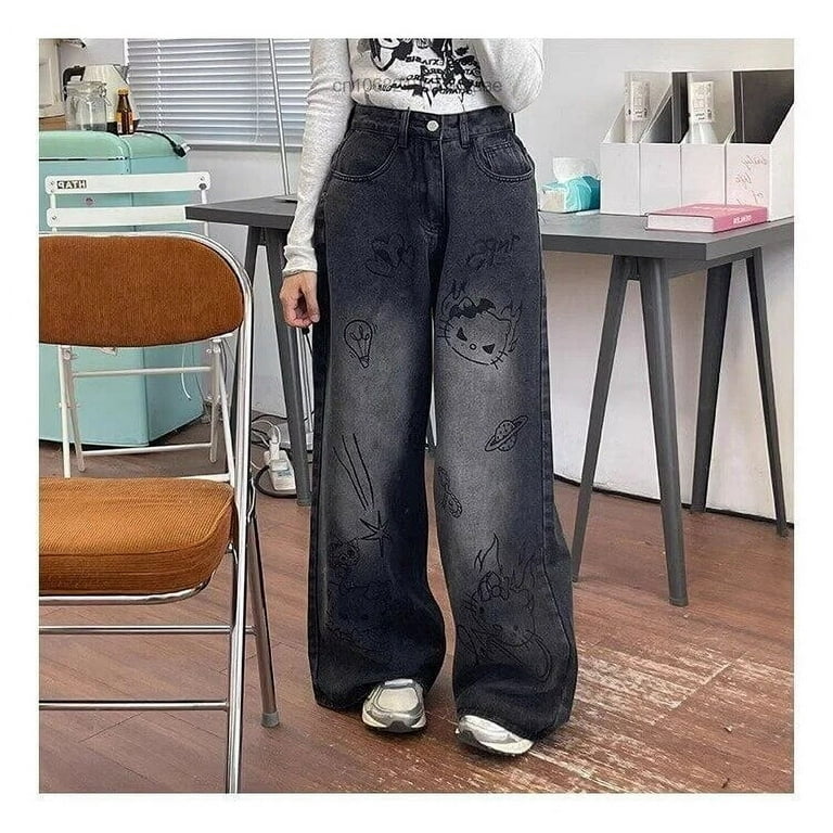 Sanrio Hello Kitty Graffiti Washed Black Baggy Jeans Women Sanrio Hello Kitty Graffiti Washed Black Baggy Jeans Women