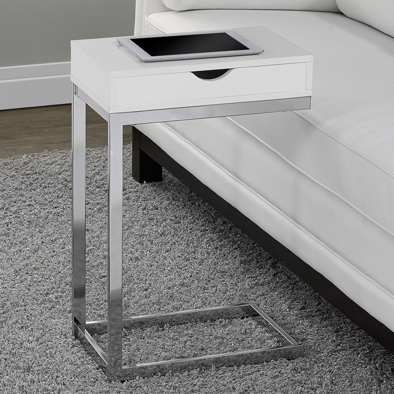 Monarch Accent Table Chrome Metal / Glossy White With A Drawer