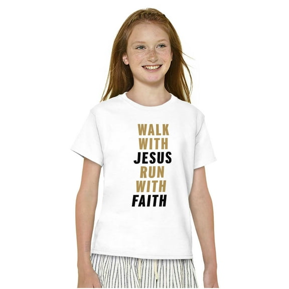 Walk With Jesus Christ Run Religious Crewneck T Shirts Boy Girl Teen Brisco Brands XS