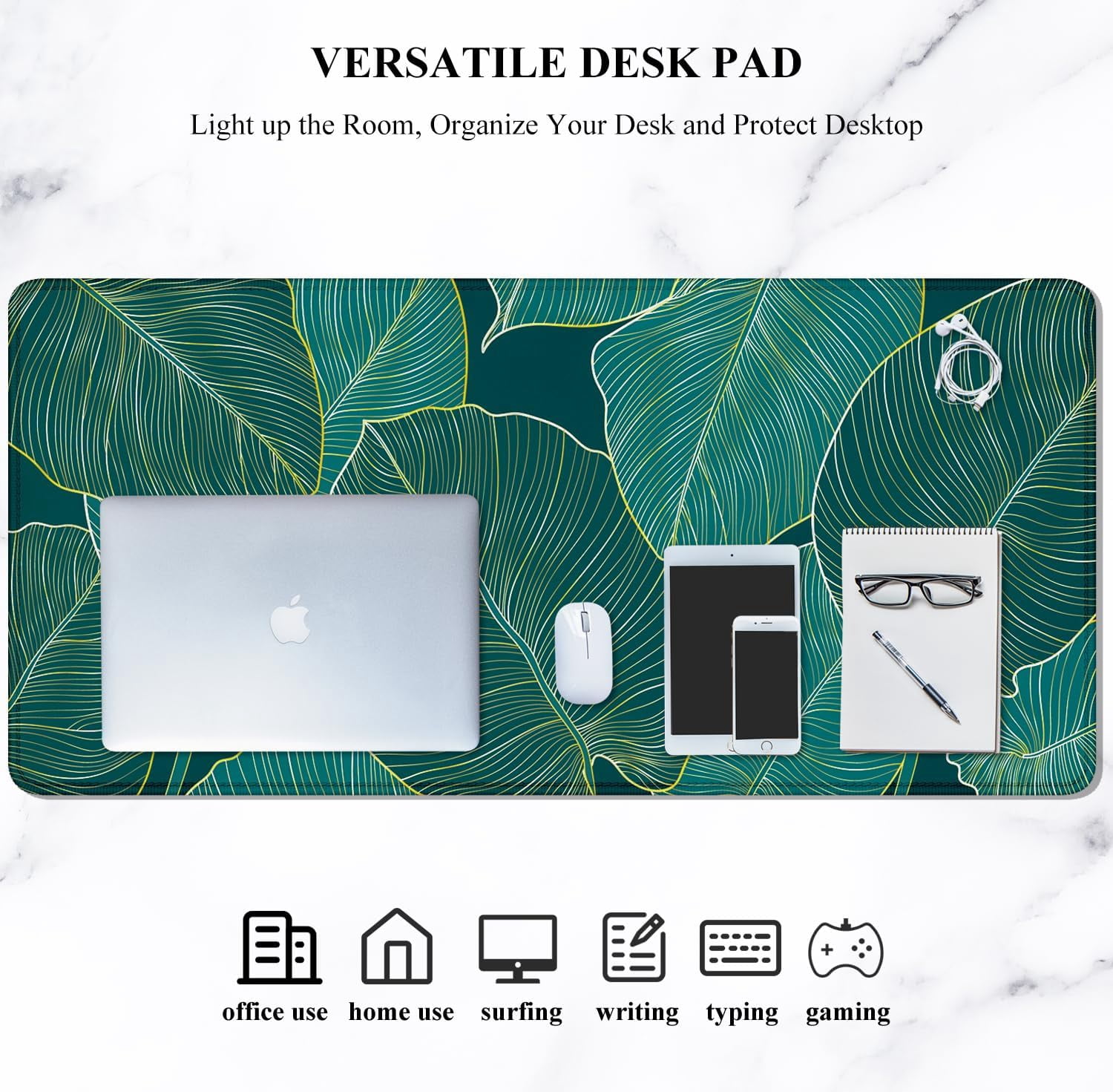 Desk Pad, XL Extended Large Gaming Mouse Pad 31.5 x 11.8 Inch, Waterproof Mousepad with Stitched Edge, Non-Slip Computer Keyboard Laptop Mat for Women Men Office Work, Teal Tropical Leaves