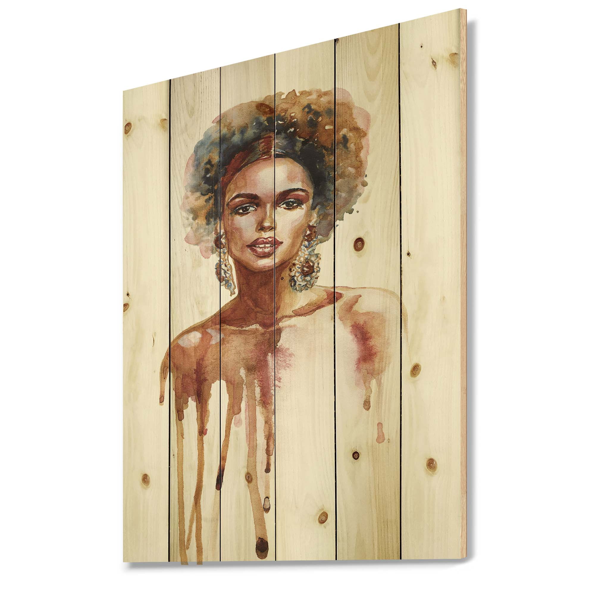 Designart 'Portrait of Afro American Woman XIII' Modern Print on Natural Pine Wood