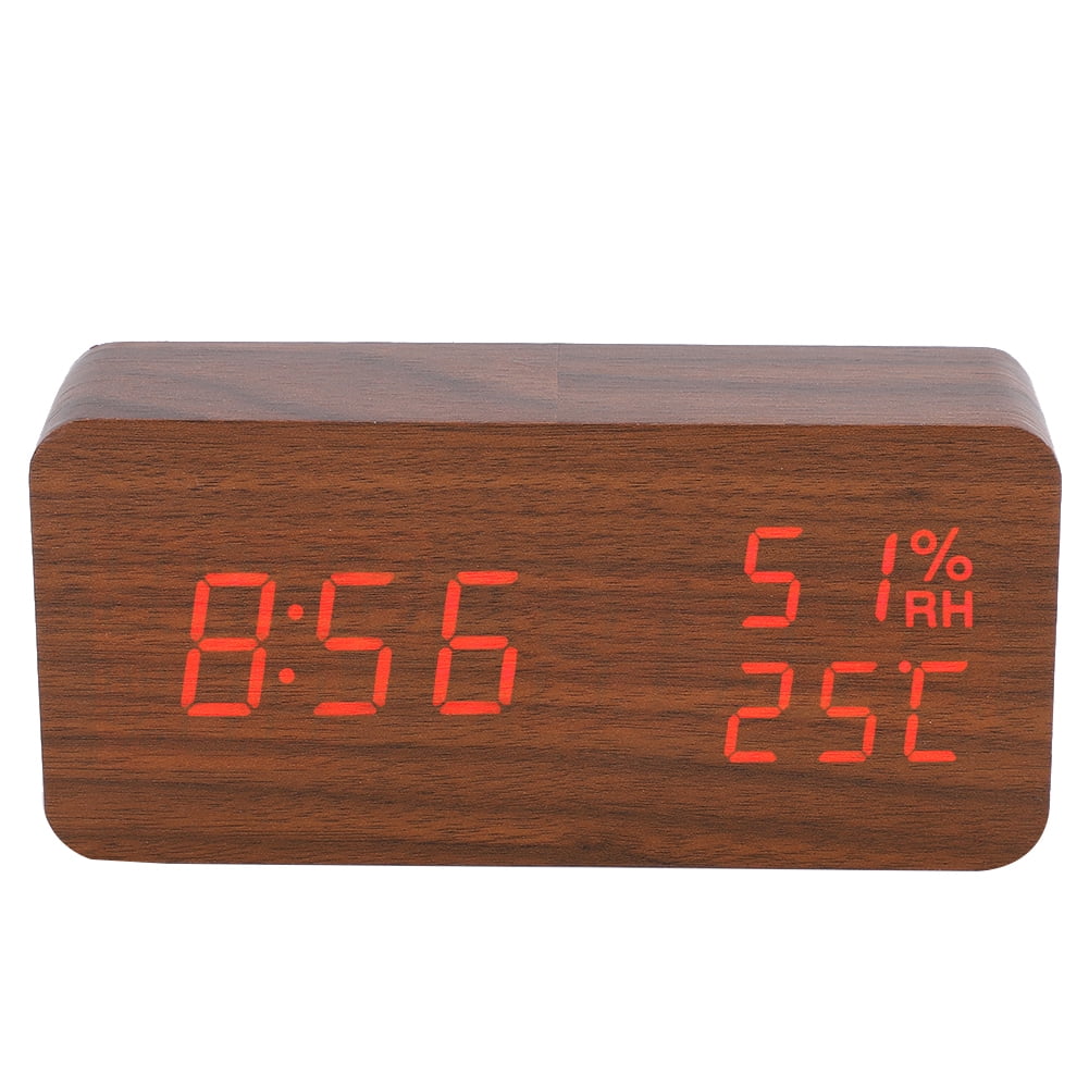Peahefy Wooden Alarm Clock LED Voice Control Desk Rectangular Brown Wood Red Light Digital Clock