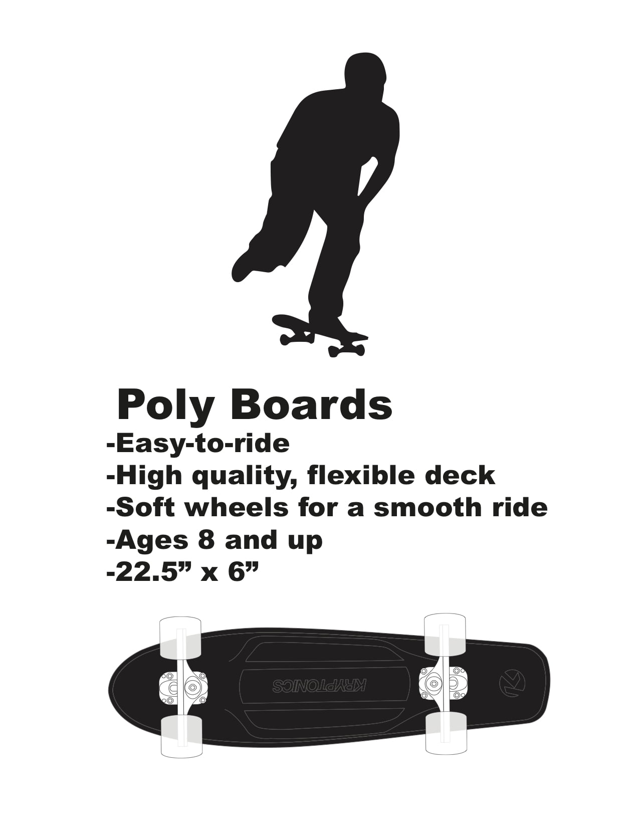 Kryptonics Original Torpedo Complete Skateboard (22.5" x 6"), Divided