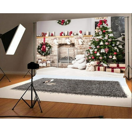 Image of HelloDecor 7x5ft Backdrop Christmas Tree and Fireplace Photography Background Toy Bears Candles Gifts Backdrop for Photograph Children Girls Baby Lovers Portrait Backdrop Photo Studio Props