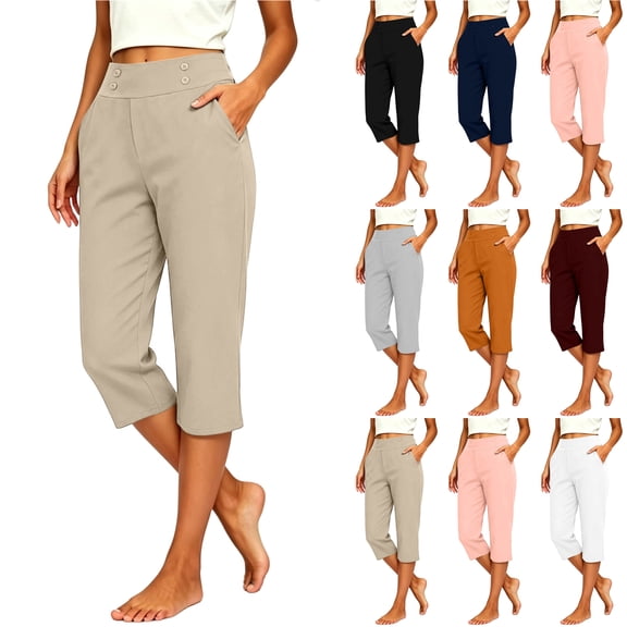 Bloomae Lightweight Capri Pants for Women Button Decor Elastic High Waisted Straight Leg Stretch Trousers Trendy Casual Work Golf Capris with Pockets