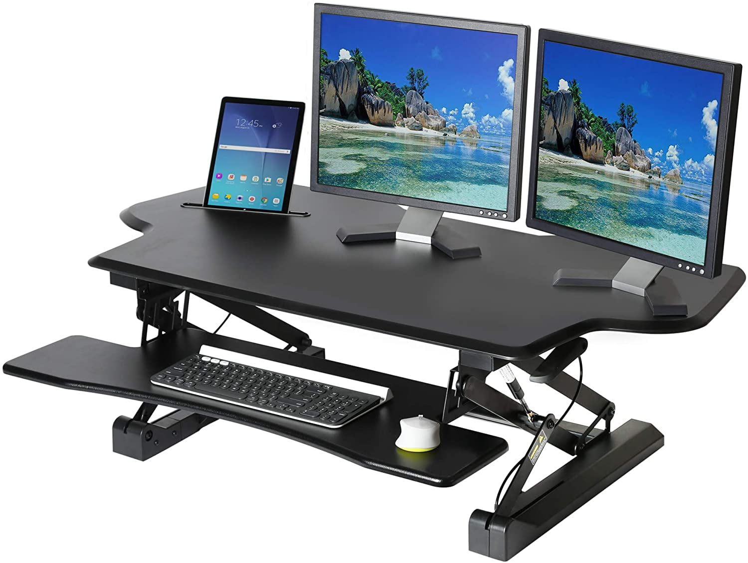 Seville Classics Airlift Height Adjustable Sit Desk Converter Workstation  Standing Ergonomic Dual Monitor Riser with Keyboard Tray, Extra-Wide with  