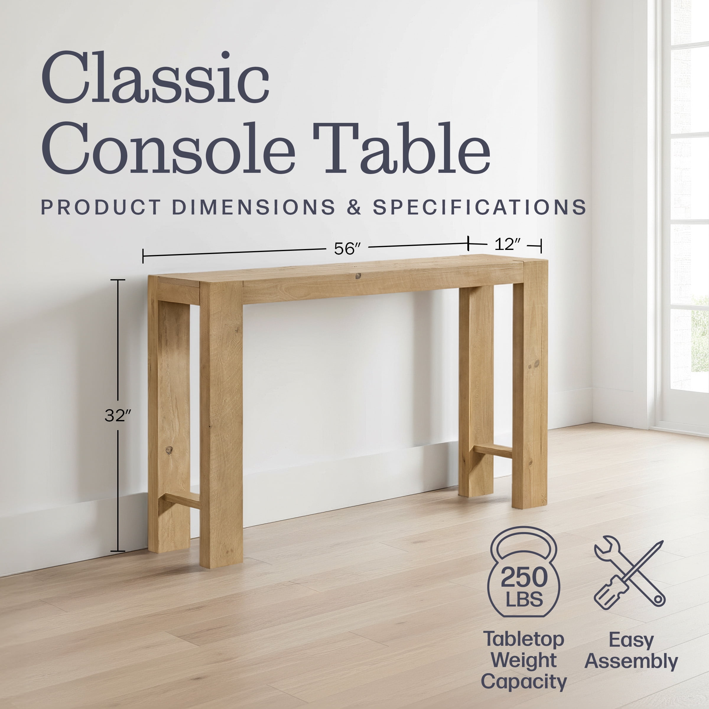 Alaterre Furniture Classic Solid Wood Console Table - 56in Modern Farmhouse Entryway Table, Lt Oak
