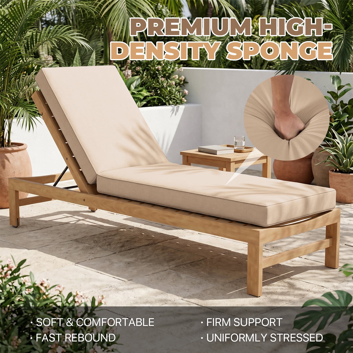 BaPiPro Beige Outdoor Chaise Lounge Cushion, Waterproof Patio Lounge Chair Pad with High-Density Foam, Removable Cover & Secure Ties for Poolside, Garden & Patio