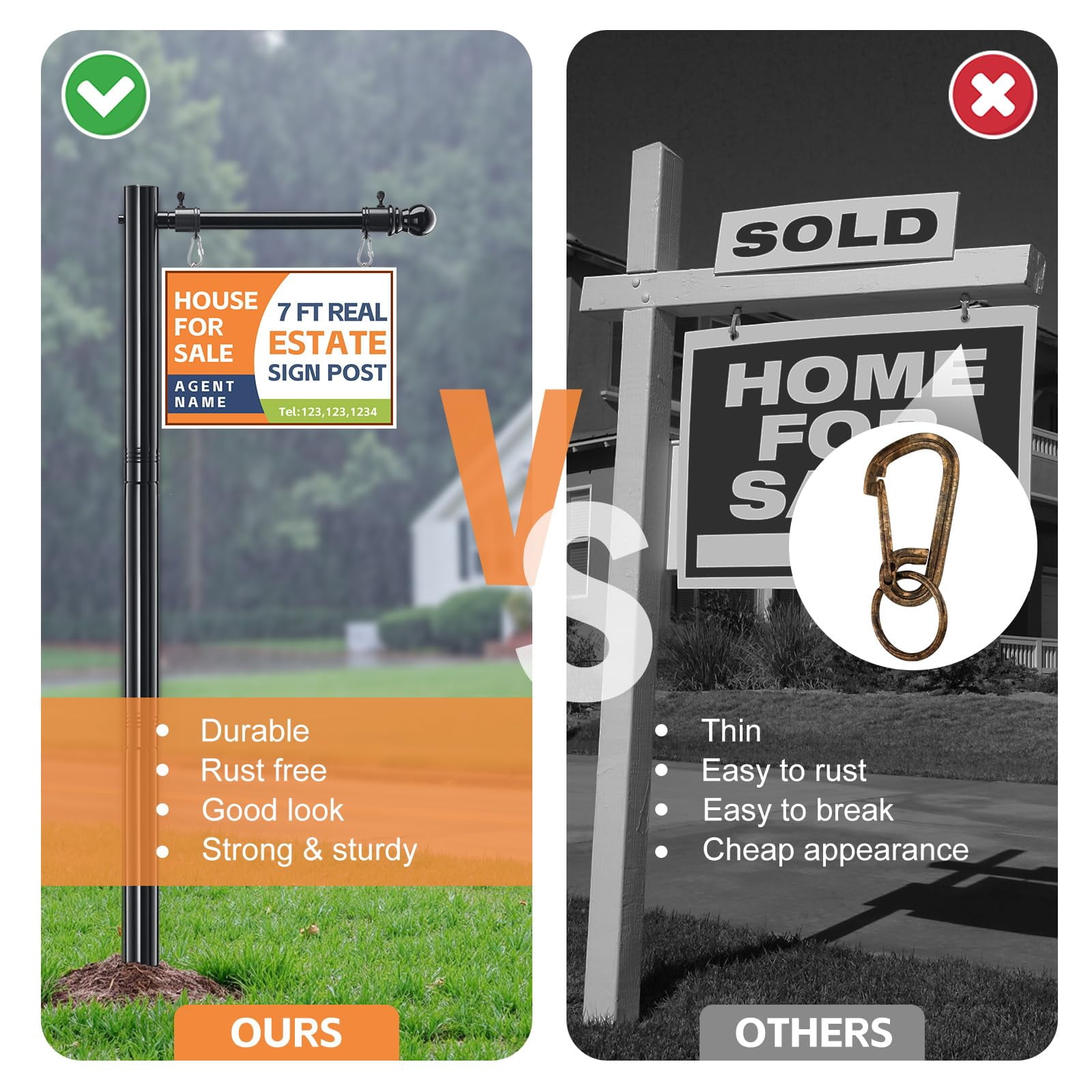 FLY HAWK Real Estate Sign Post 7ft Tall, Realtor Yard Sign Post for Open House and Home for Sale Outside, 32" Arm Holds up to 25" Sign, White (No Sign Included), Black