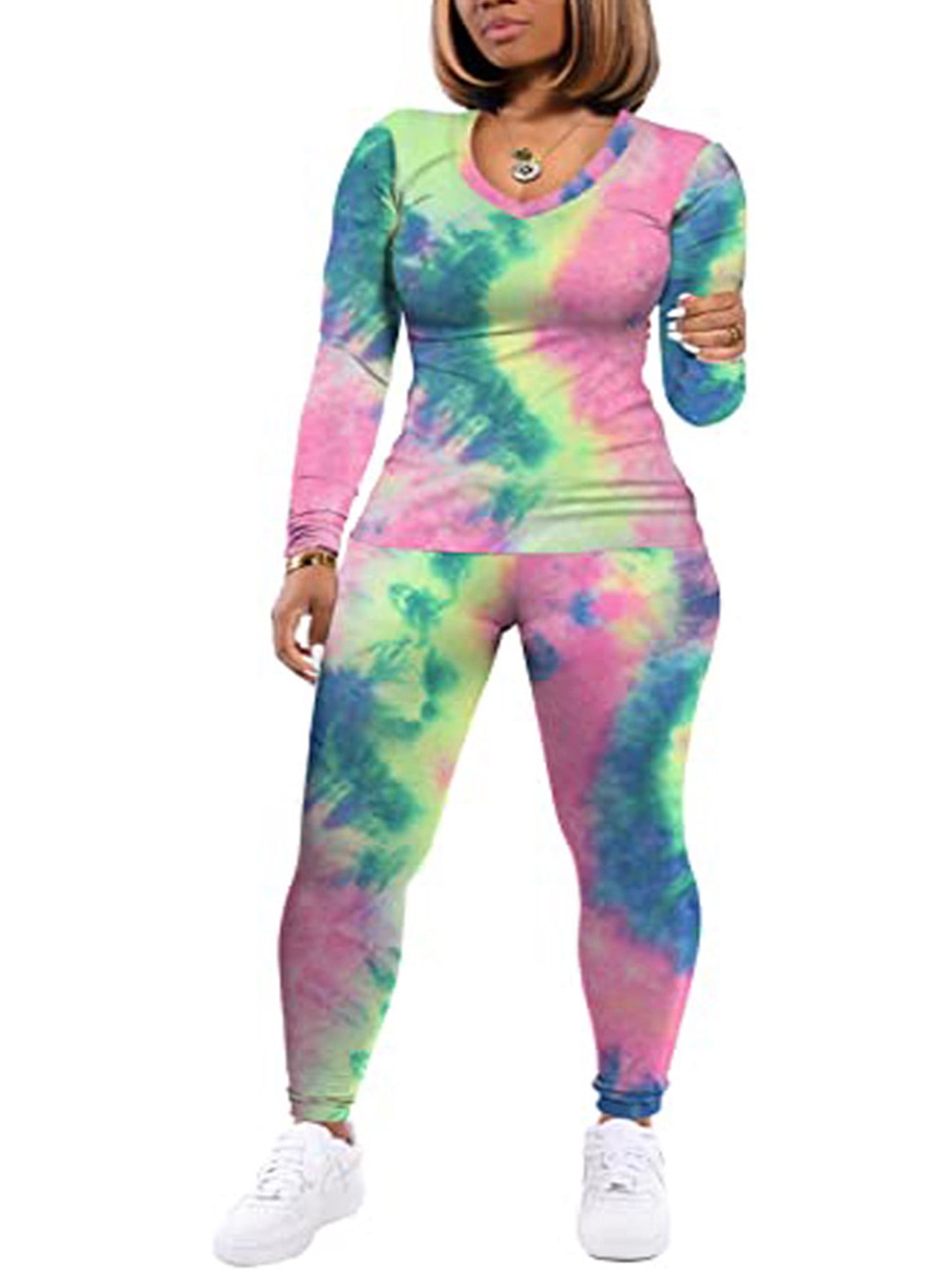 HiMONE Tie Dye Print Lounge Pajamas Set for Women Long