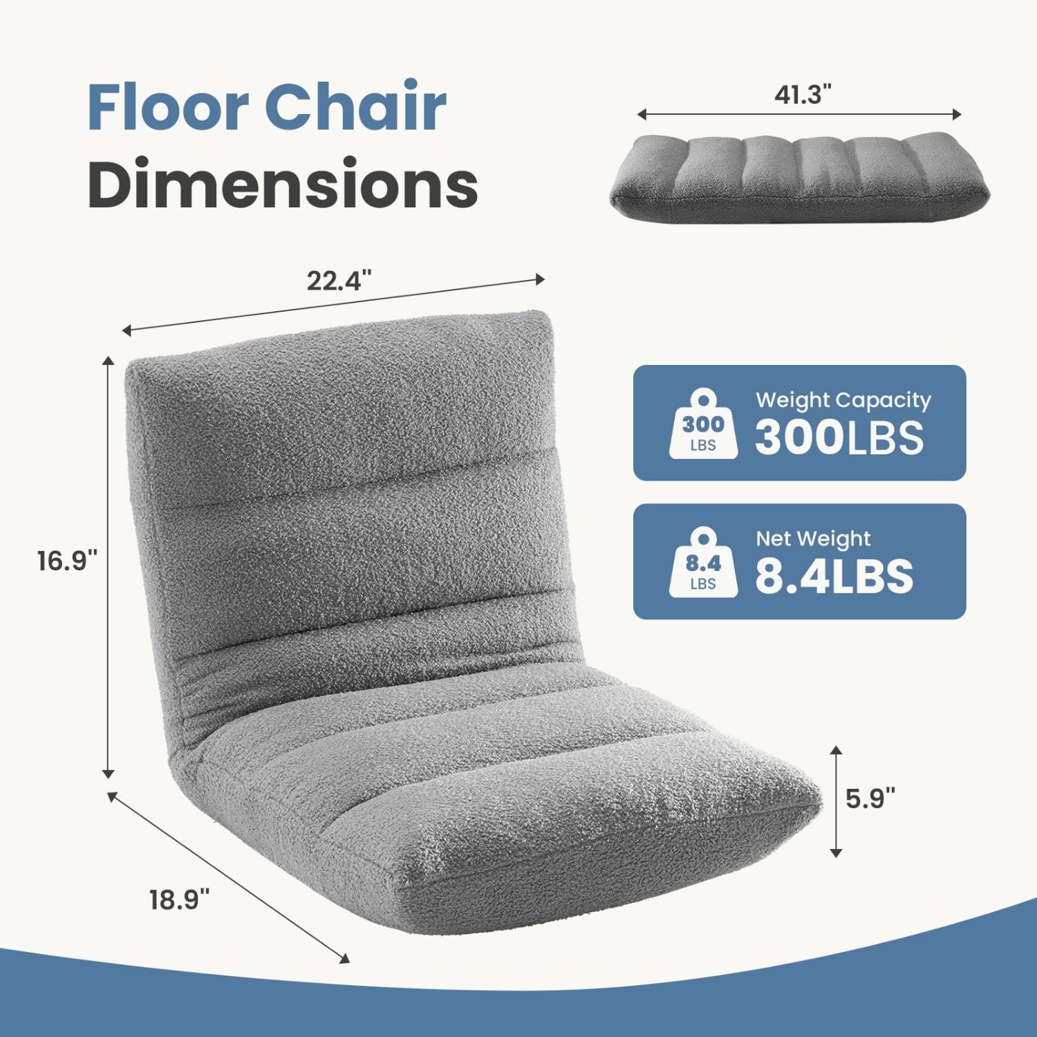 Folding Floor Chair, Adjustable 14-Position Gaming Chair with 5.9" Thick Cushion, Soft Velvet Cover & Steel Frame, Portable Floor Seating for Adults, Grey
