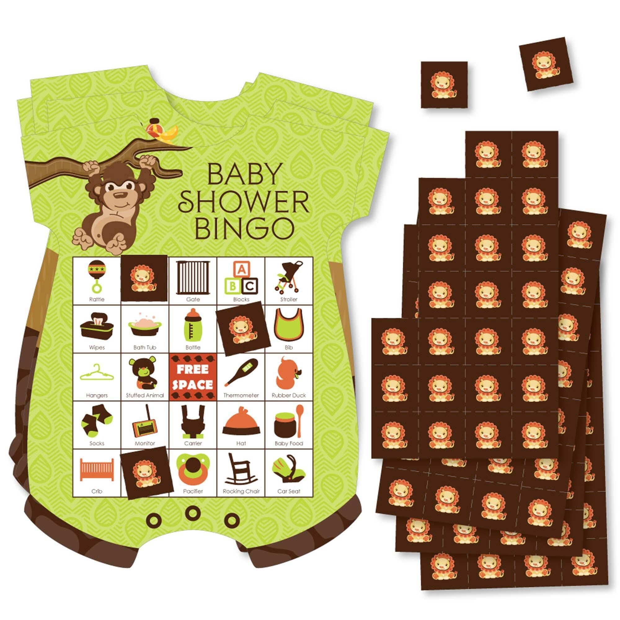 Big Dot of Happiness Funfari - Fun Safari Jungle - Picture Bingo Cards and Markers - Baby Shower Shaped Bingo Game - Set of 18