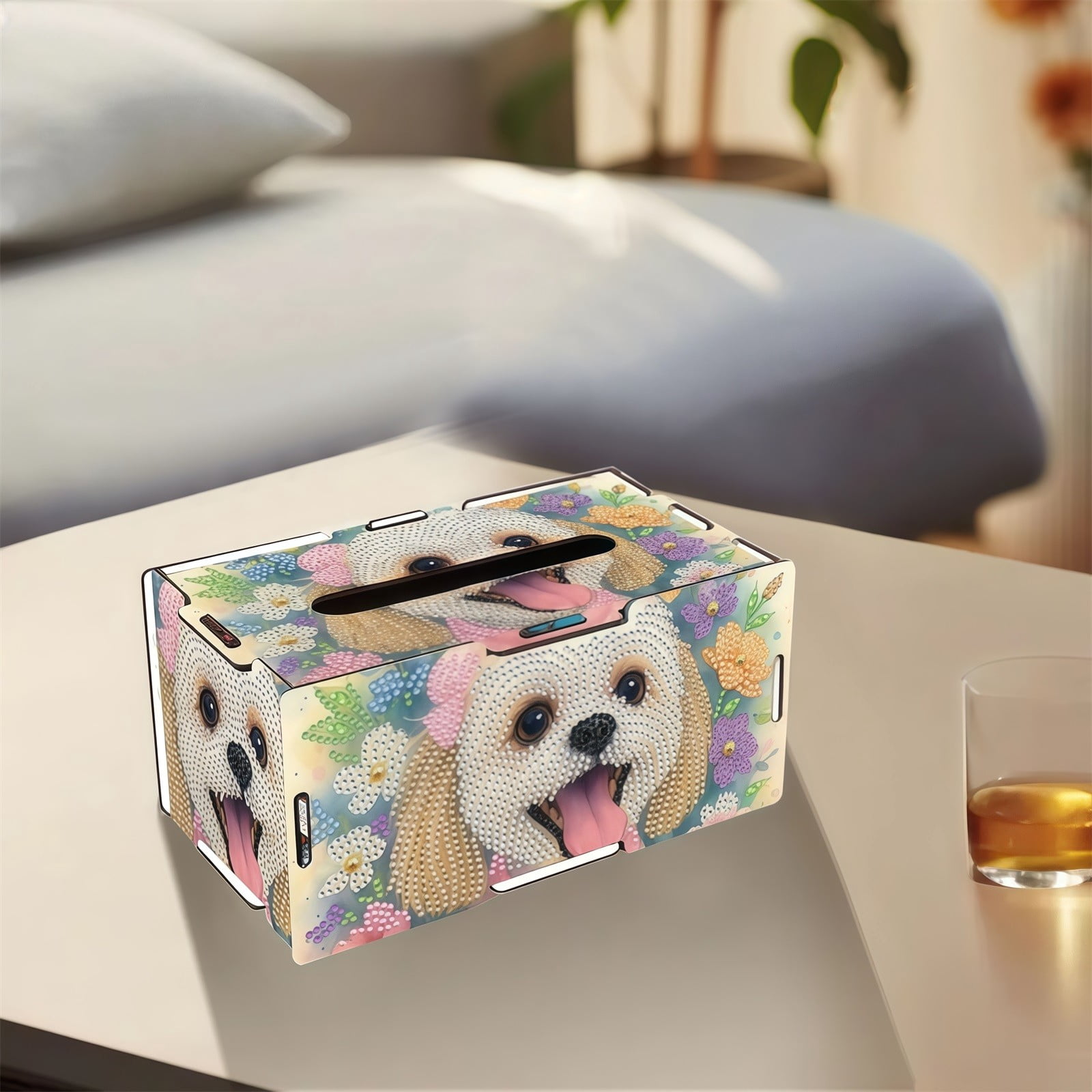 FLOPESN DIY Diamond Art Painting Wooden Assembly Paper Box, 8.86*5.31in, Creative Design Table Decor Rectangular Paper Towel Storage Box-Puppy