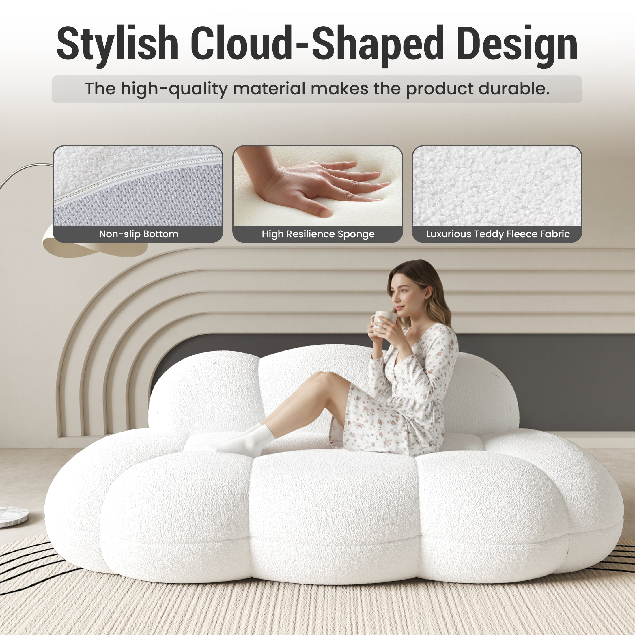 90" Modern Curved Cloud Shaped Couch for Living Room, Boucle LoveSeat 3 Seater Sofa, Upholstered Cloud Couch for Bedroom, Apartment, Small Space (White, No Assembly Required)